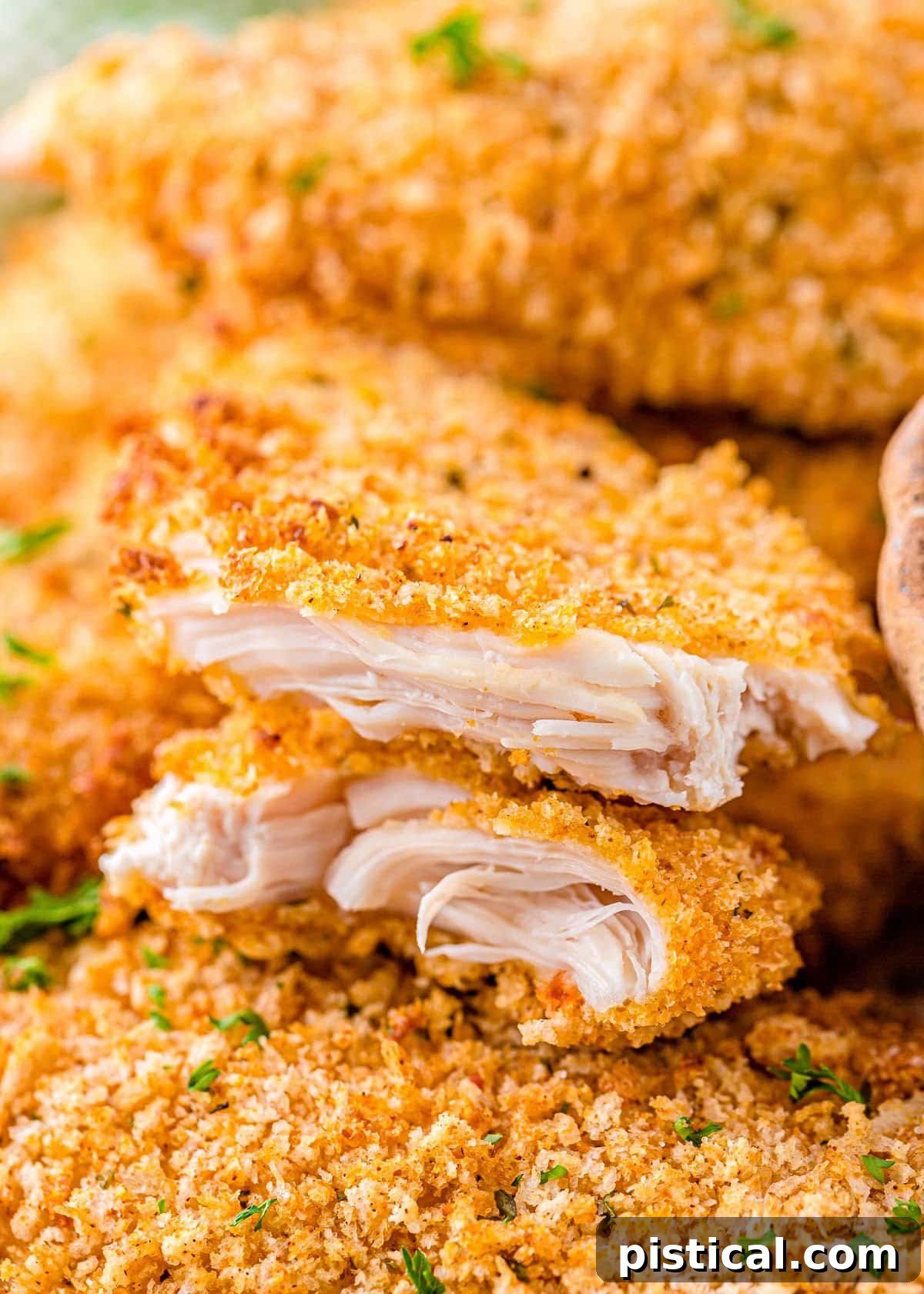 A chicken tender torn in half, showcasing the juicy cooked chicken and golden breading, resting on a pile of other chicken tenders.