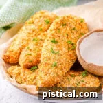 chicken tenders made in the air fryer plated and topped with parsley. air fryer can be seen in the background.