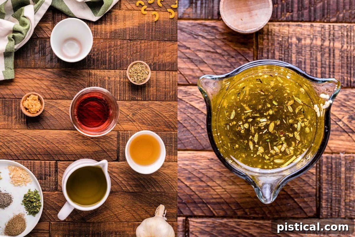 A two-image collage illustrating the simple process of making the homemade Italian dressing for the pasta salad. One image shows all the individual dressing ingredients laid out, and the second image shows them combined and shaken in a mason jar, ready for chilling.