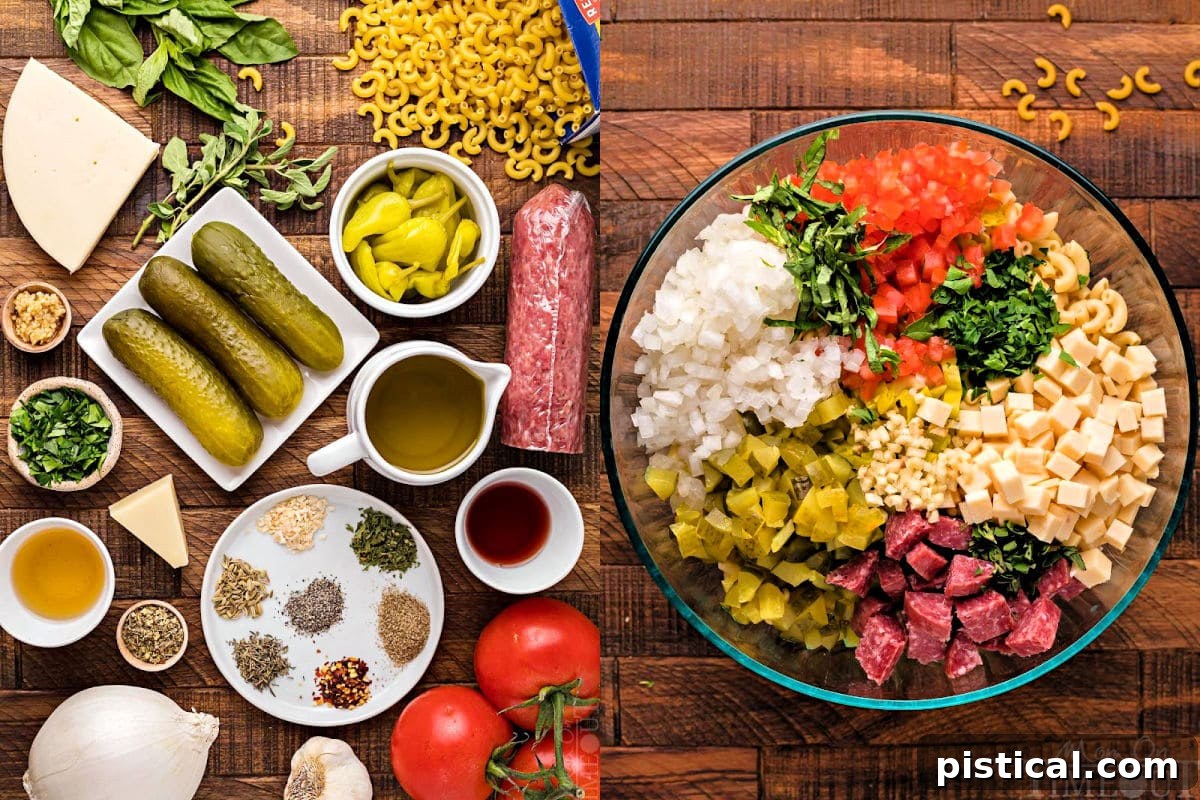A two-image collage showcasing the preparation of the Italian pasta salad. The first image displays all the pre-measured ingredients neatly arranged, while the second image features these ingredients combined in a large mixing bowl, ready to be tossed with the dressing.