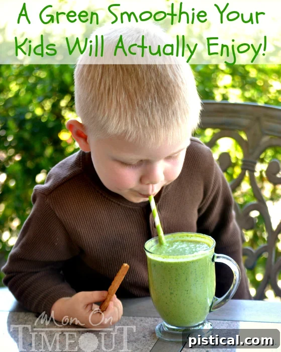 Delicious Peanut Butter Banana Green Smoothie with a straw, emphasizing convenience and healthy eating for kids on busy mornings.