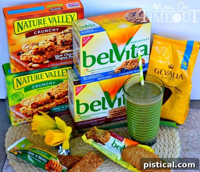 On-the-go breakfast ideas featuring healthy green smoothies paired with convenience foods like granola bars and breakfast biscuits for busy families.