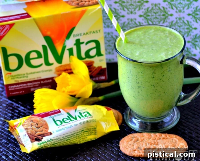 BelVita Breakfast Biscuits alongside a refreshing Peanut Butter Banana Green Smoothie, showcasing convenient and healthy breakfast options.