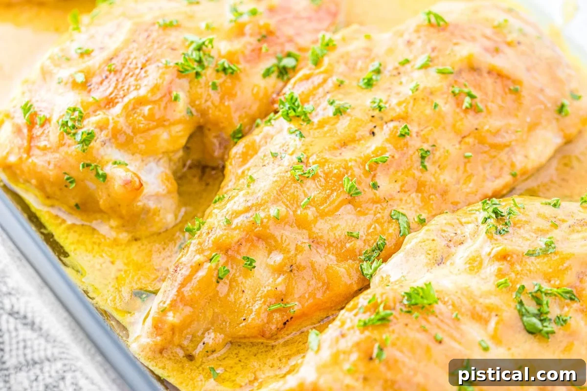 Baked honey mustard chicken breasts in a glass baking dish, glistening with savory honey mustard sauce, ready for serving.