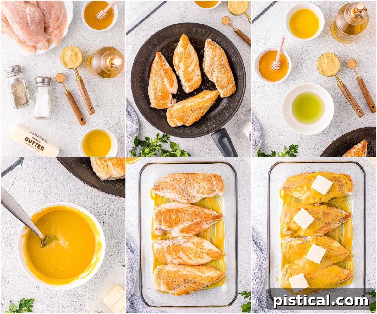 A six-image collage illustrating the step-by-step process of making honey mustard chicken, from prep to finished dish.