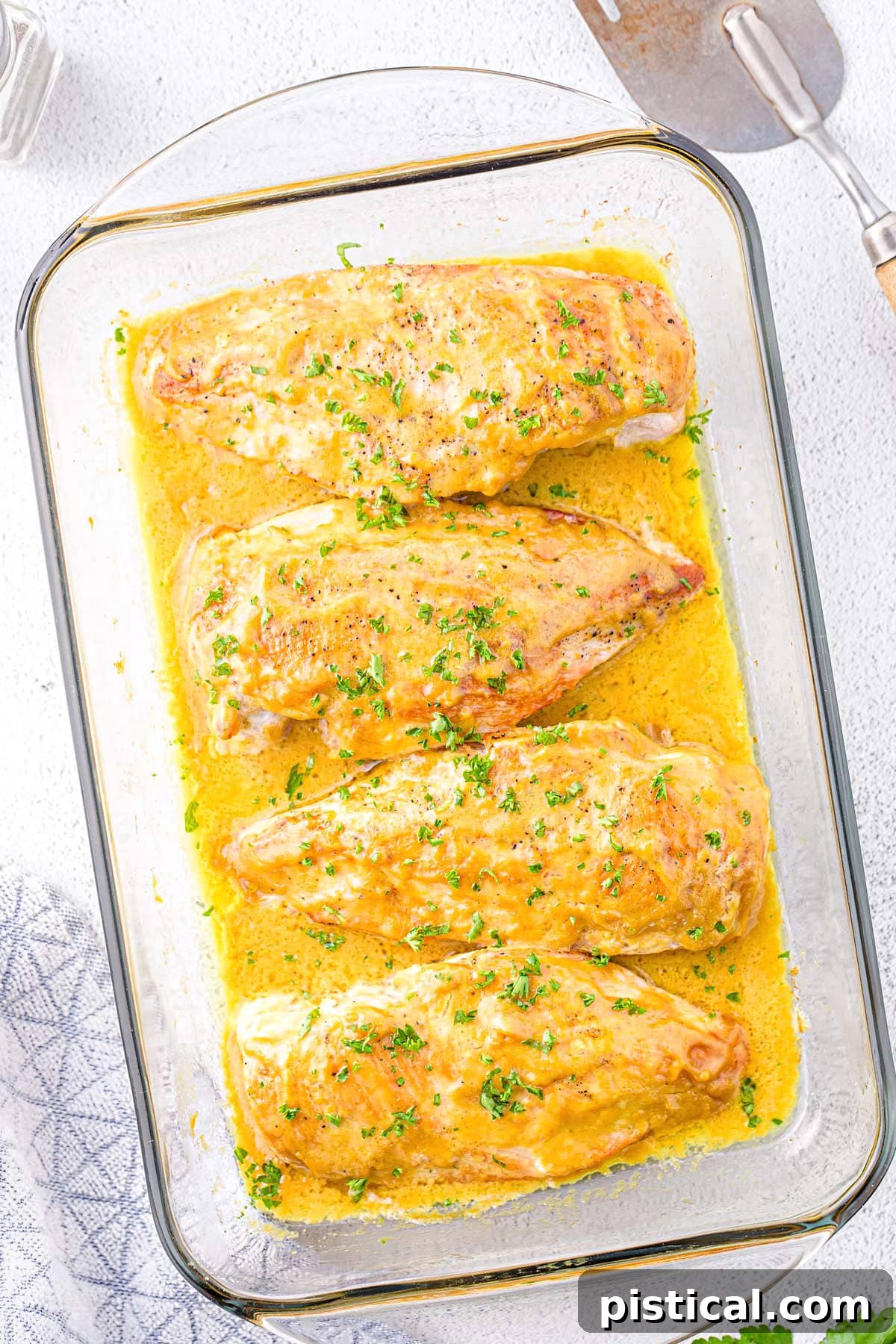 Top-down view of baked honey mustard chicken in a glass baking dish, generously coated in its rich sauce.