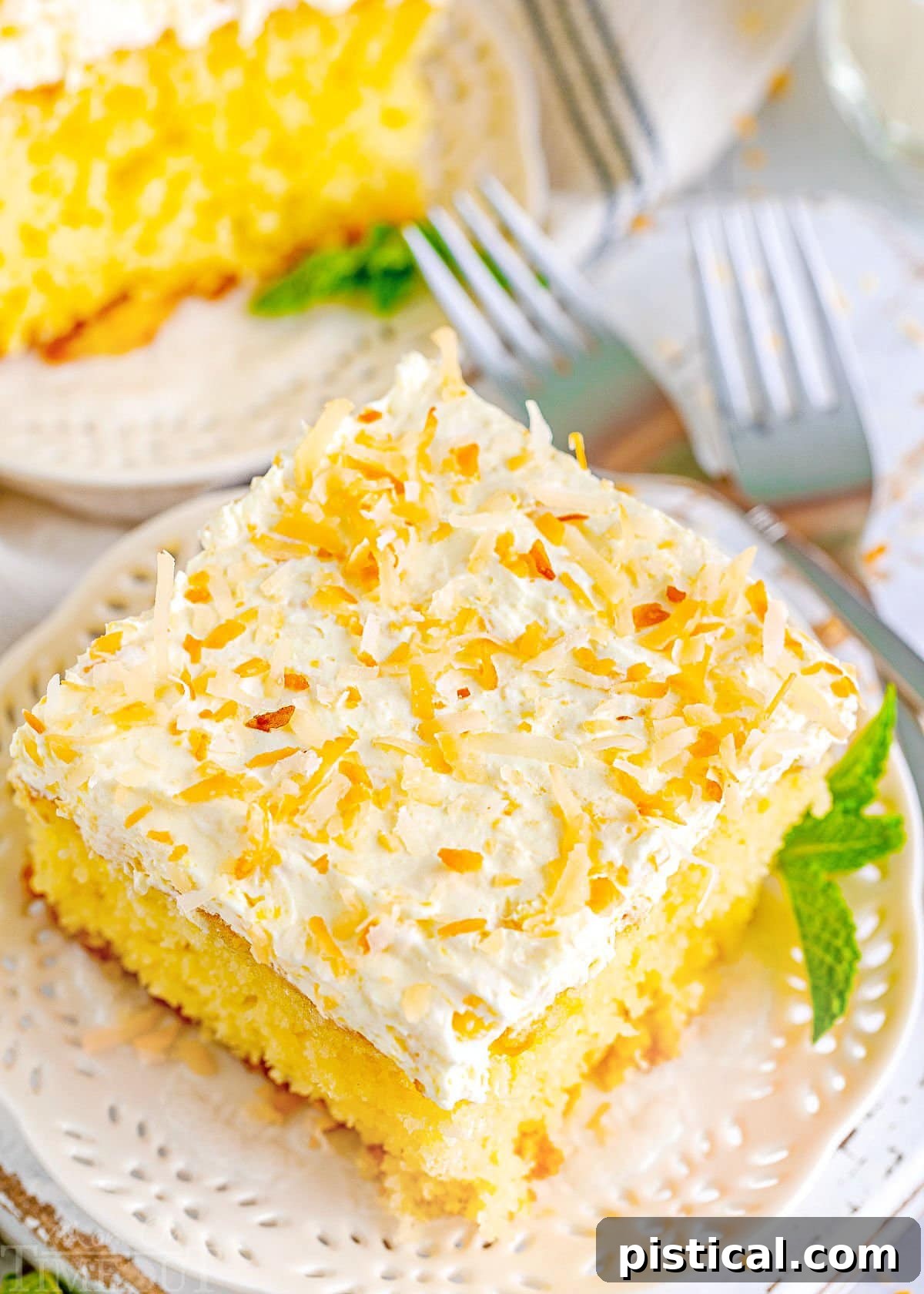 A captivating top-down view of the entire frosted Pina Colada Cake, beautifully topped with a generous sprinkle of golden toasted coconut, showcasing its inviting texture and presentation.