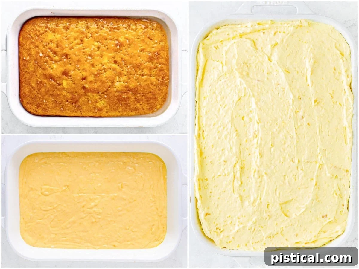 A three-image collage visually demonstrating the key steps to making a poke cake: poking holes in the cake, pouring the filling, and frosting the cake with fluffy topping.