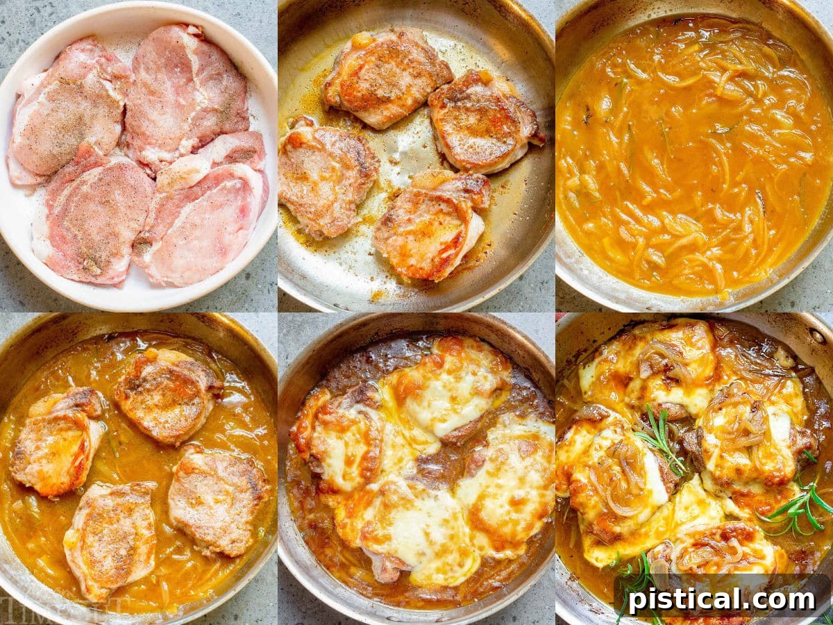 six image collage showing step by step how to make french onion pork chops in a skillet.