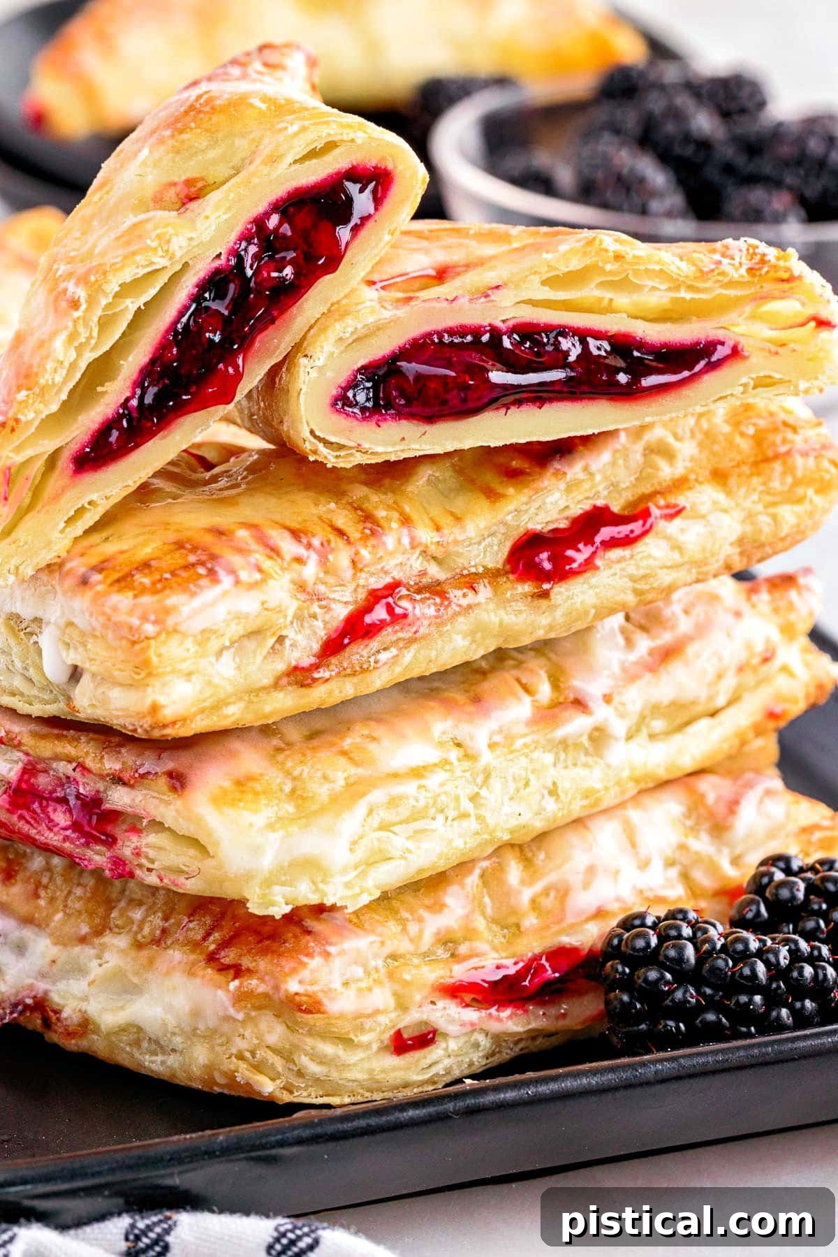 Stacked blackberry turnovers on a black plate, with one turnover cut in half to show the juicy filling.