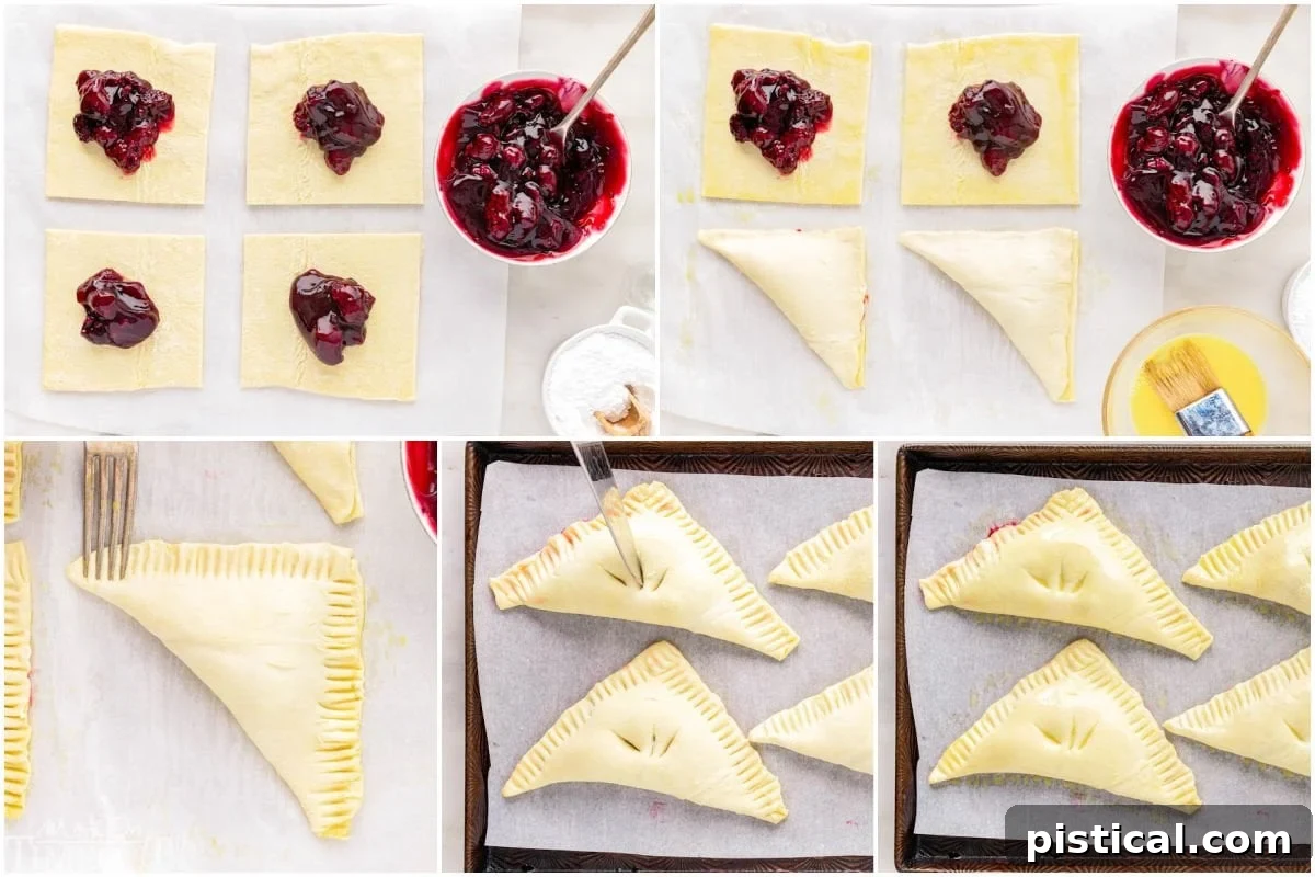 A five-image collage demonstrating the steps to assemble blackberry turnovers: filling pastry, folding, sealing edges, and venting.