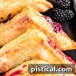 Close-up of baked blackberry turnovers with glaze
