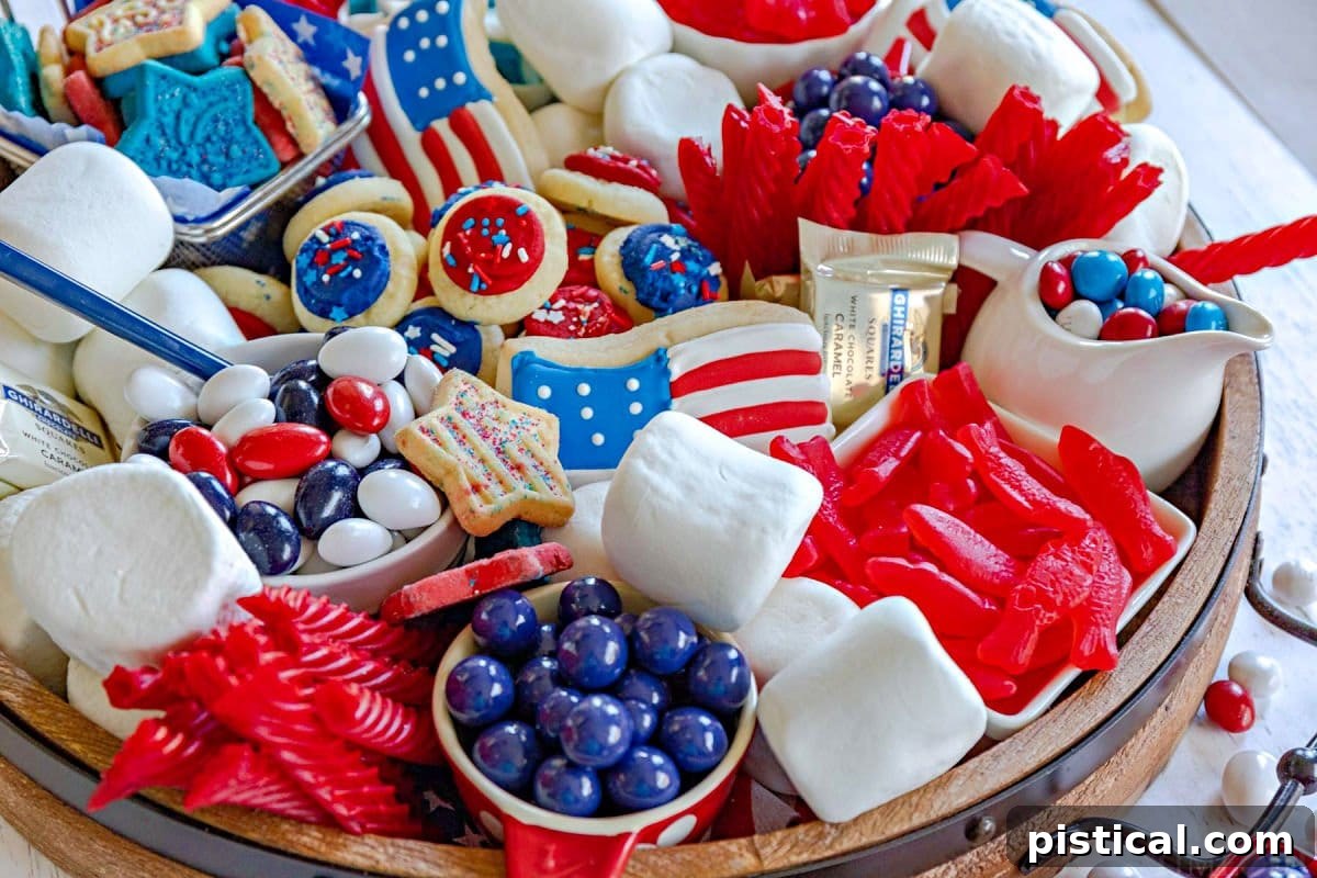 Red, White & Blue Grazing Board 6 dessert board prepared for the 4th of July with red white and blue candy and treats.