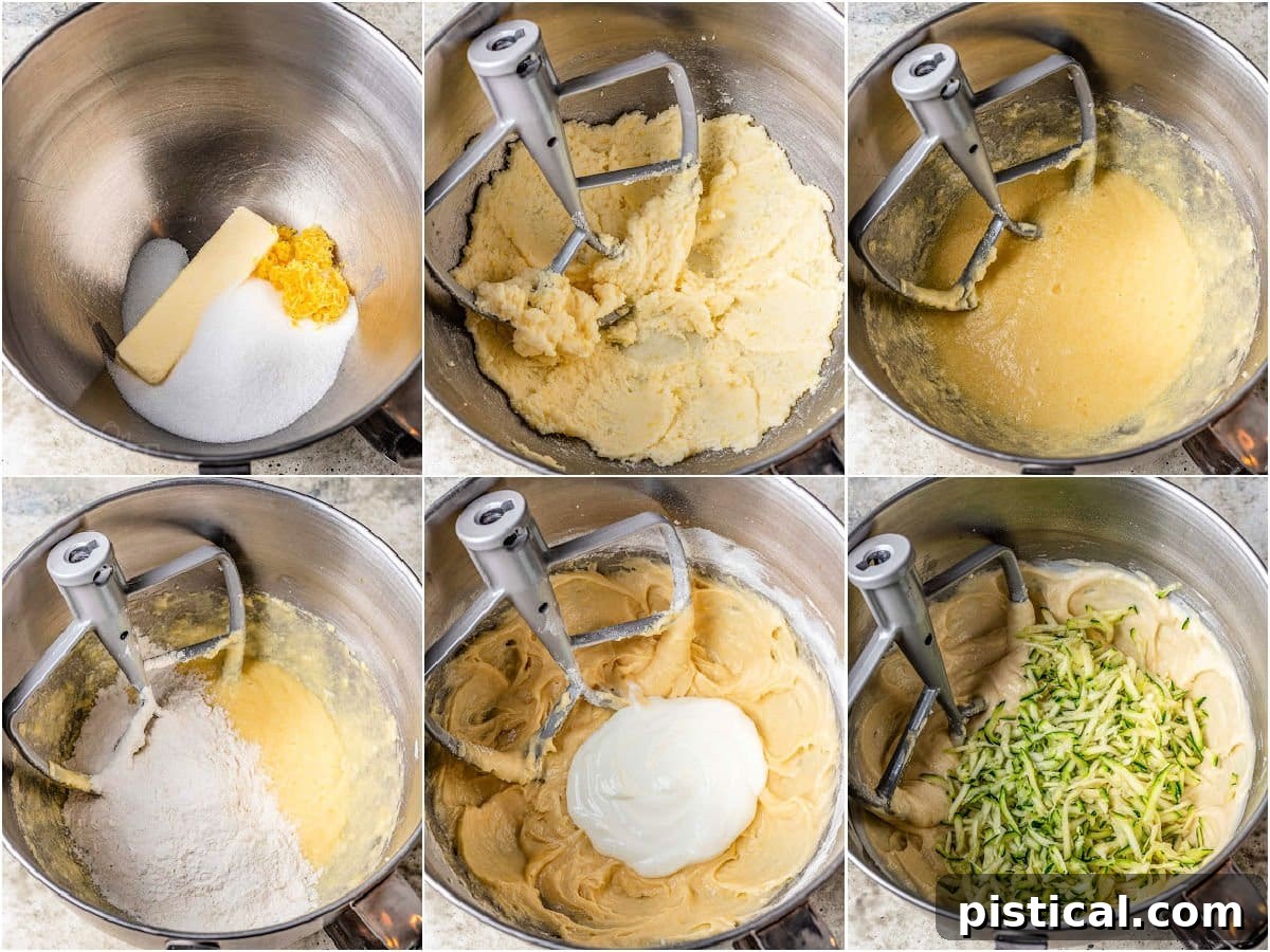 Zesty Lemon Zucchini Muffins 4 six image collage showing how the zucchini muffin batter comes together step by step.
