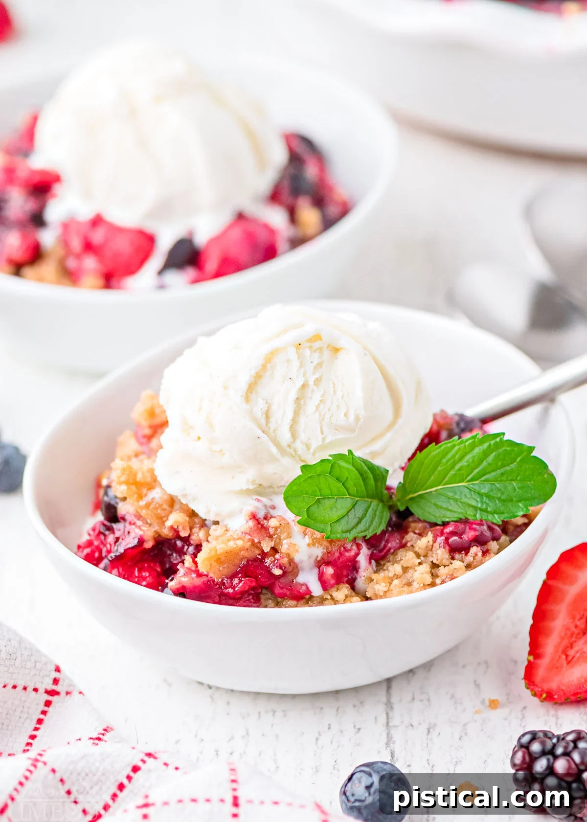 Two pristine white bowls filled with warm berry crumble, each crowned with a melting scoop of creamy vanilla ice cream, ready to be enjoyed.