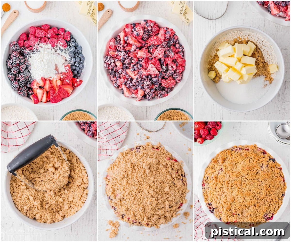 A six-image collage presenting a clear, step-by-step visual guide on how to prepare a delicious berry crumble recipe from start to finish.
