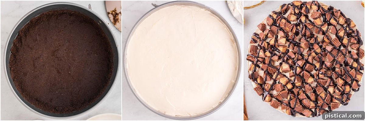 A three-image collage visually demonstrating the step-by-step process of preparing a peanut butter cheesecake crust.