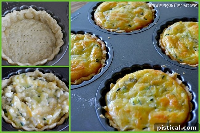 Zucchini and Green Chile Quiche made in a tartlette pan, showing individual mini quiches.