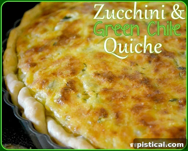 A beautifully baked full-sized Zucchini and Green Chile Quiche, ready to be served.
