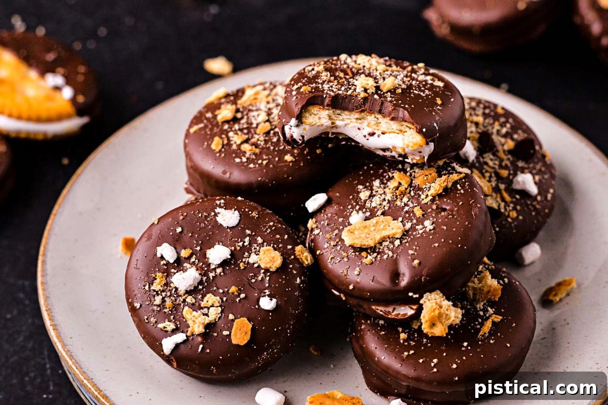 A plate brimming with chocolate-dipped Ritz sandwich s'mores cookies, beautifully topped with a variety of crushed graham crackers, marshmallow bits, and mini chocolate chips.