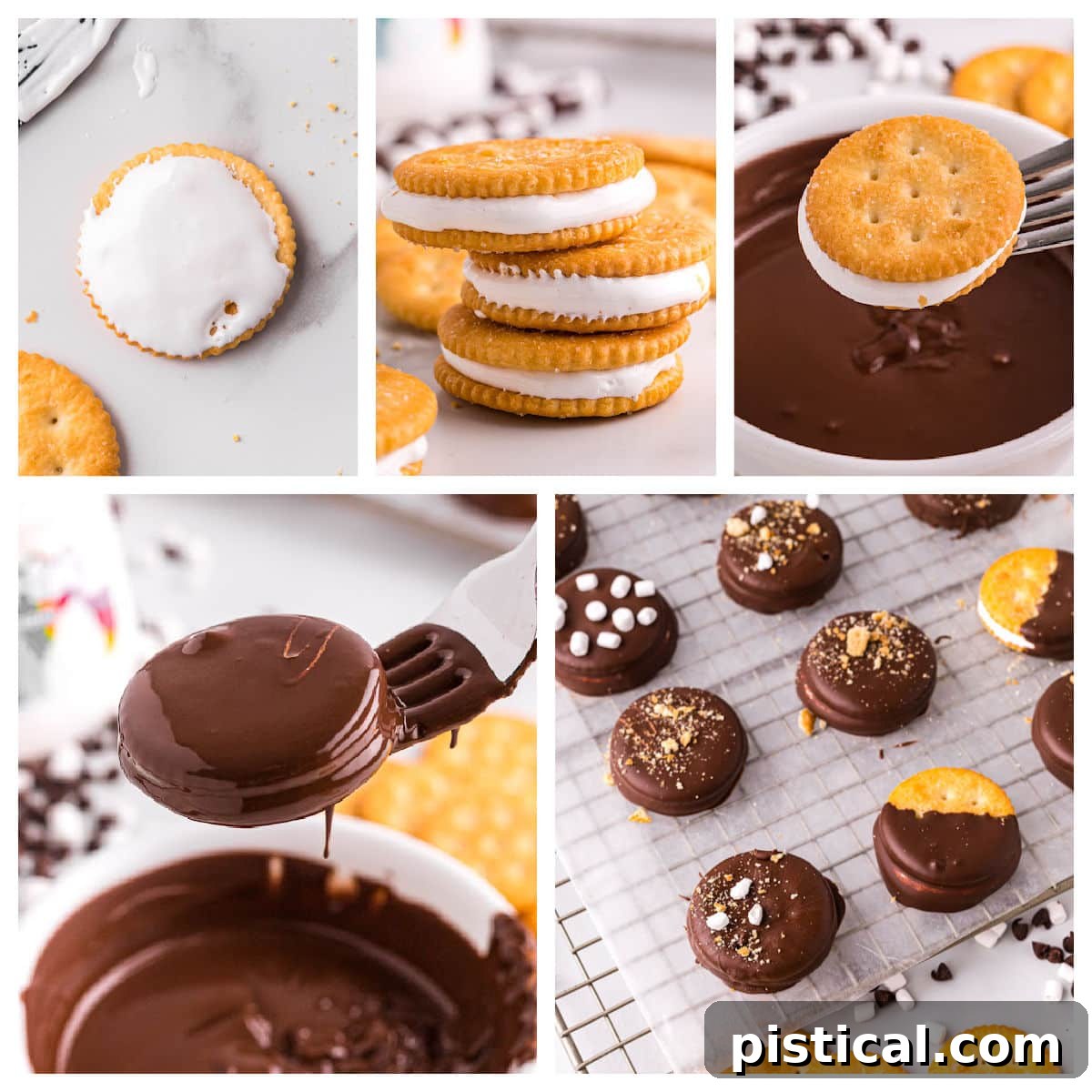 A five-image collage demonstrating the step-by-step process of making no-bake s'mores cookies using Ritz crackers and marshmallow fluff.