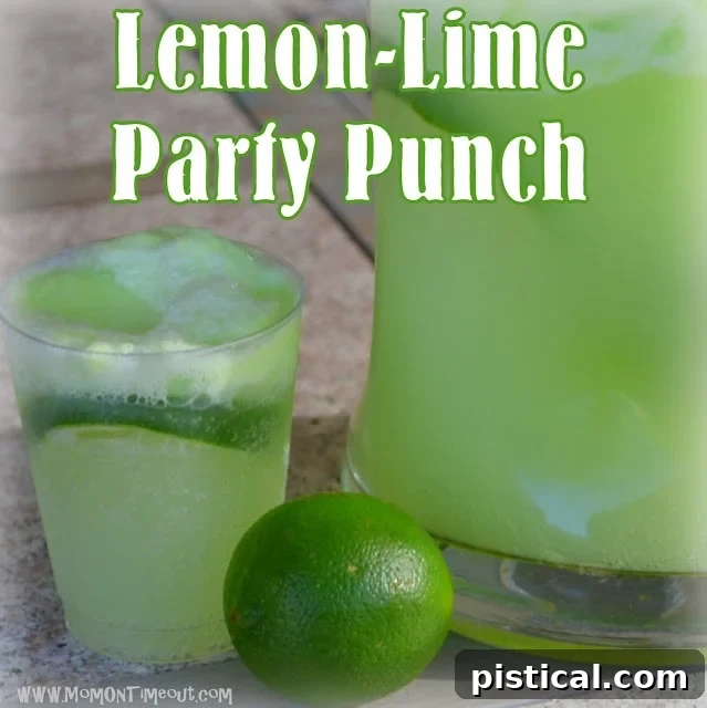 Lemon Lime Party Punch | MomOnTimeout.com Made with lime sherbet this punch is always a crowd pleaser! #beverage #punch Pouring lemon-lime soda over lime sherbet and fresh limes to create a frothy party punch.