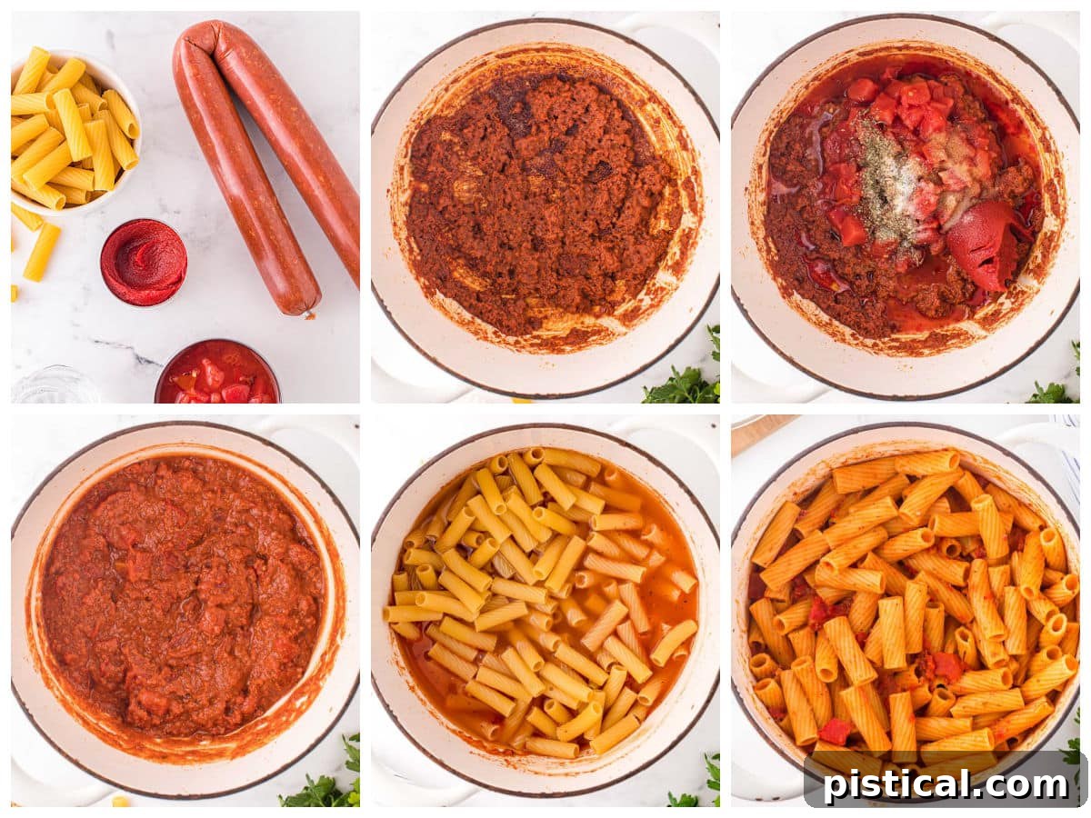 six image collage showing how to make one pot pasta with chorizo.