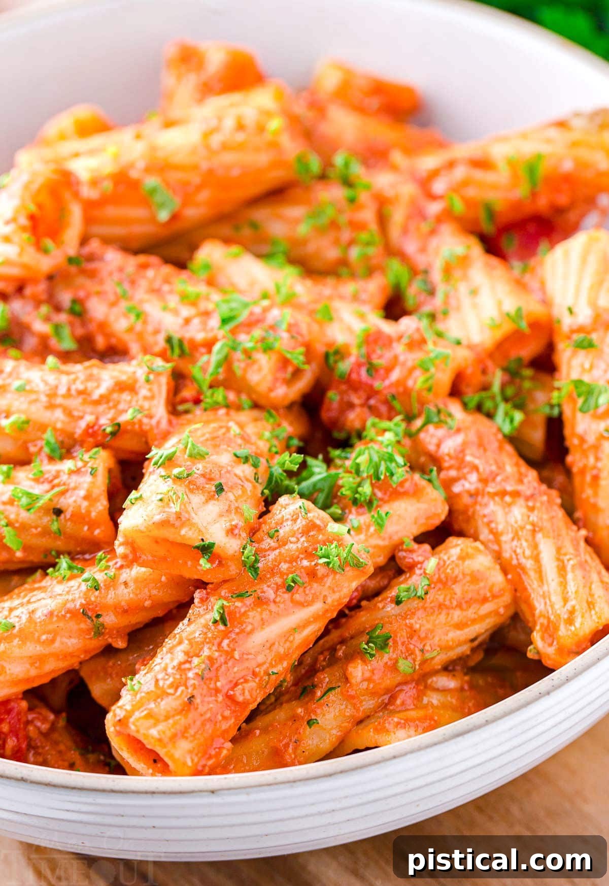 close up look at one pot pasta made with chorizo in large white pasta bowl.