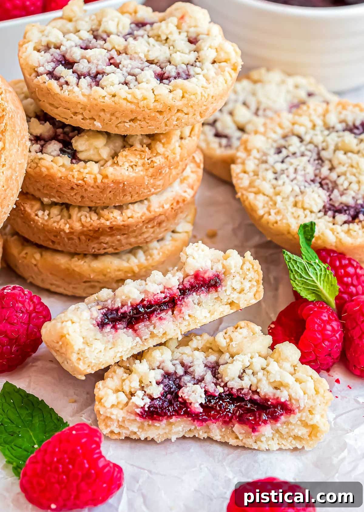 stack of mini raspberry crumble cookies with one cookie broken in half laying in front next to fresh raspberries.