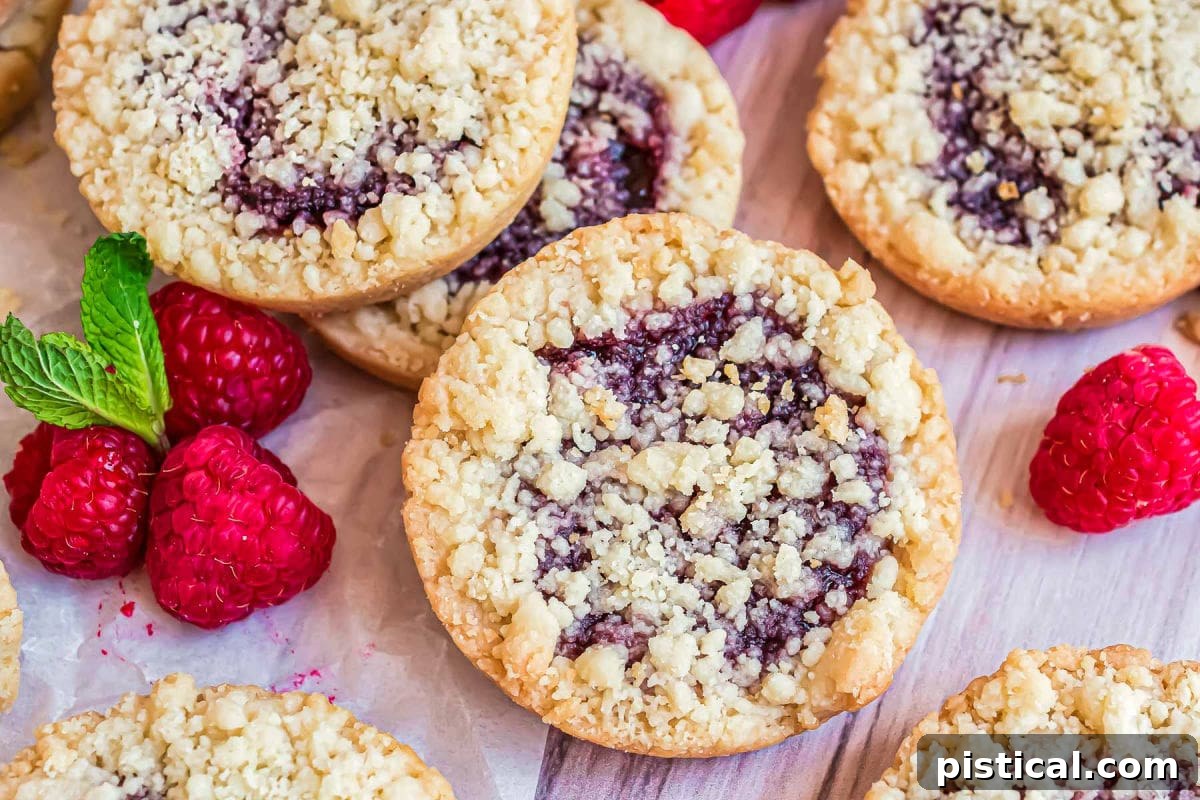 wide shot of top down look at raspberry crumble cookies laid out on white parchment with fresh mint and raspberries scattered about.