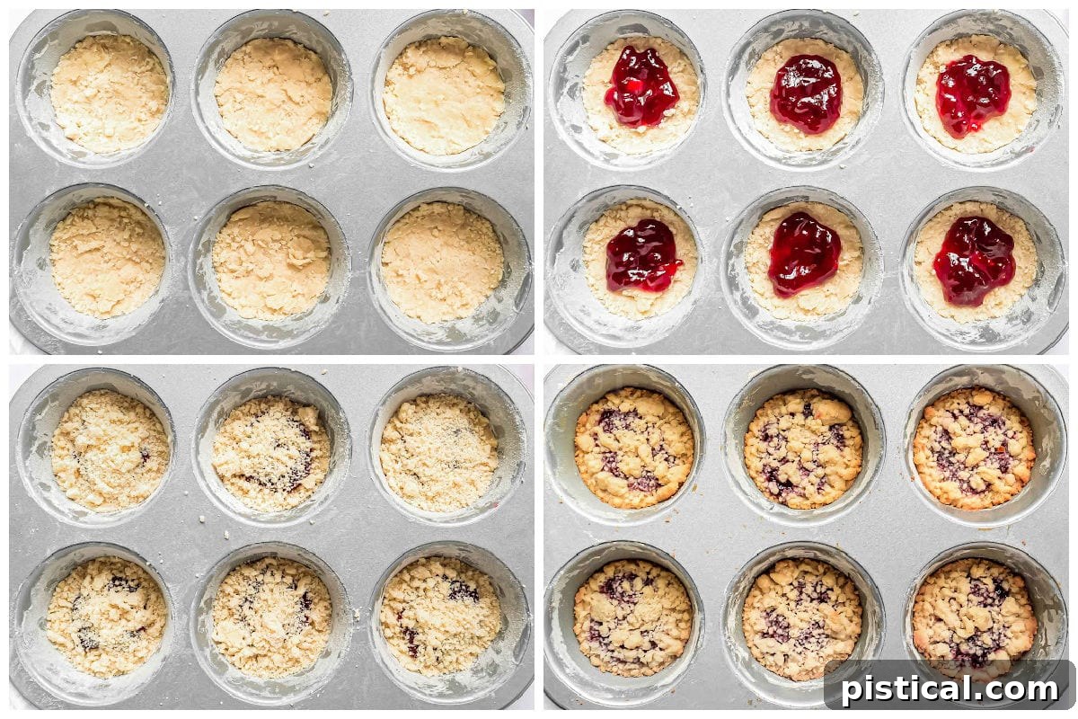 four image collage showing how to make raspberry crumb tartlets in a jumbo muffin pan.
