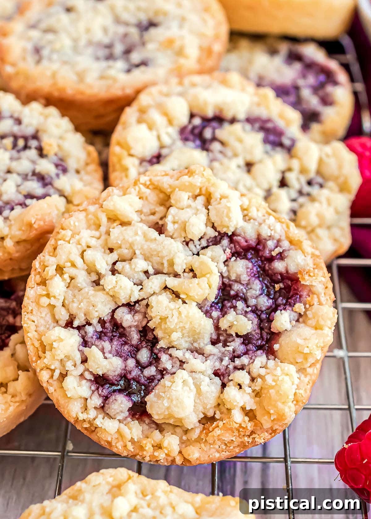 close up look at raspberry tartlet sitting up against a stack of more raspberry cookies.