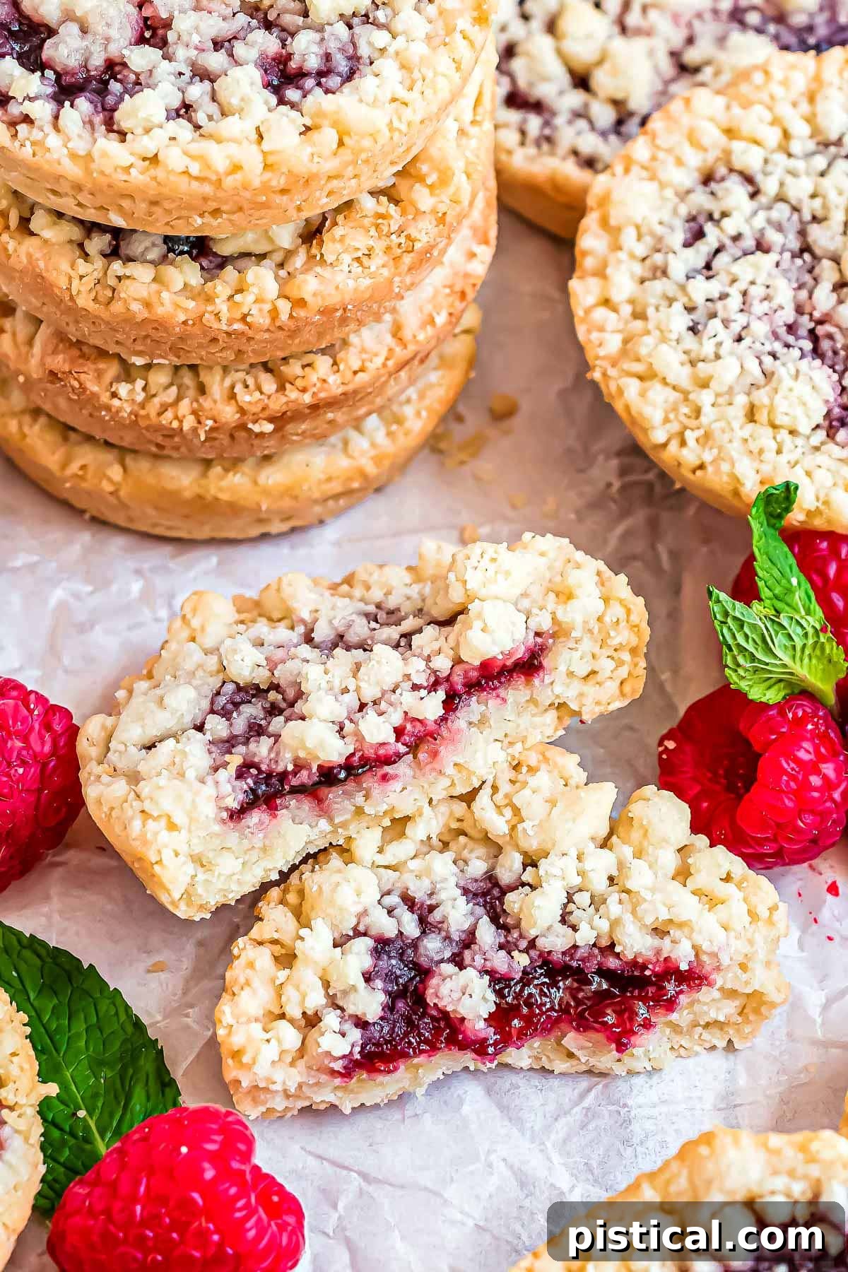 stack of costco raspberry crumble cookies with one cookie broken in half laying in front next to fresh raspberries.
