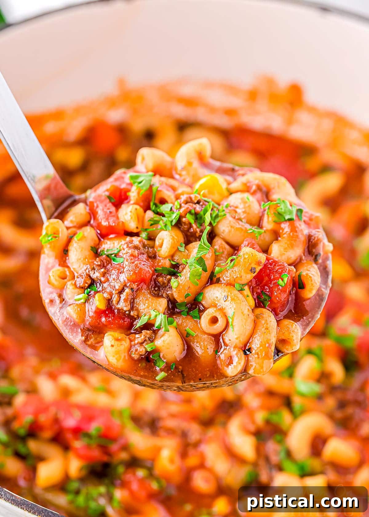 Homestyle Beef Macaroni Soup 2 A ladle full of rich Hamburger Macaroni Soup being lifted from a white Dutch oven, showcasing the macaroni, ground beef, and colorful vegetables.
