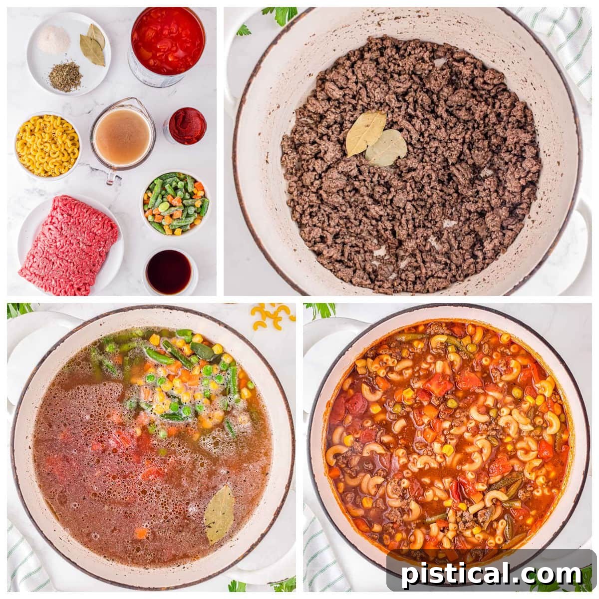 Homestyle Beef Macaroni Soup 5 A four-image collage demonstrating the key steps to making Hamburger Macaroni Soup: browning beef, adding ingredients, simmering, and the finished bowl.
