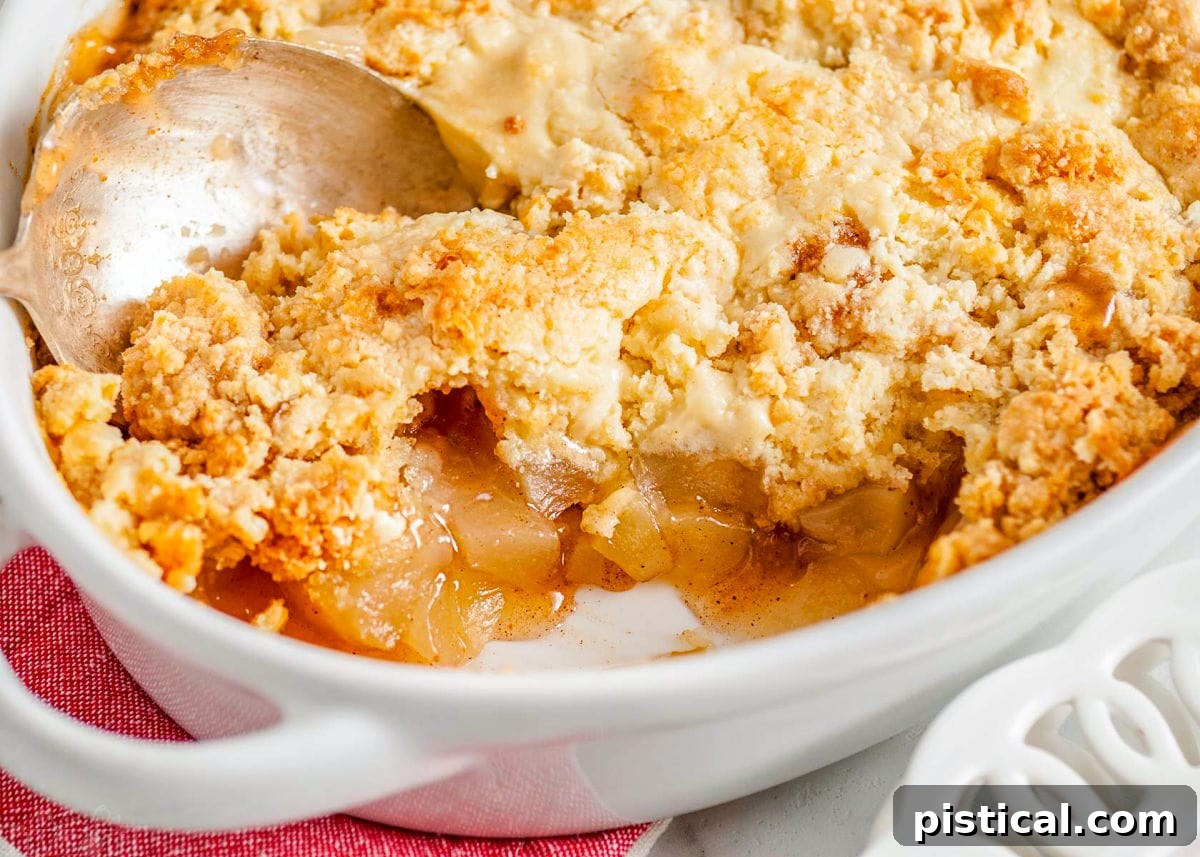 Golden Apple Cobbler Delight 4 top down look at easy apple cobbler recipe in a white baking dish with several servings removed and an antique serving spoon in the dish.