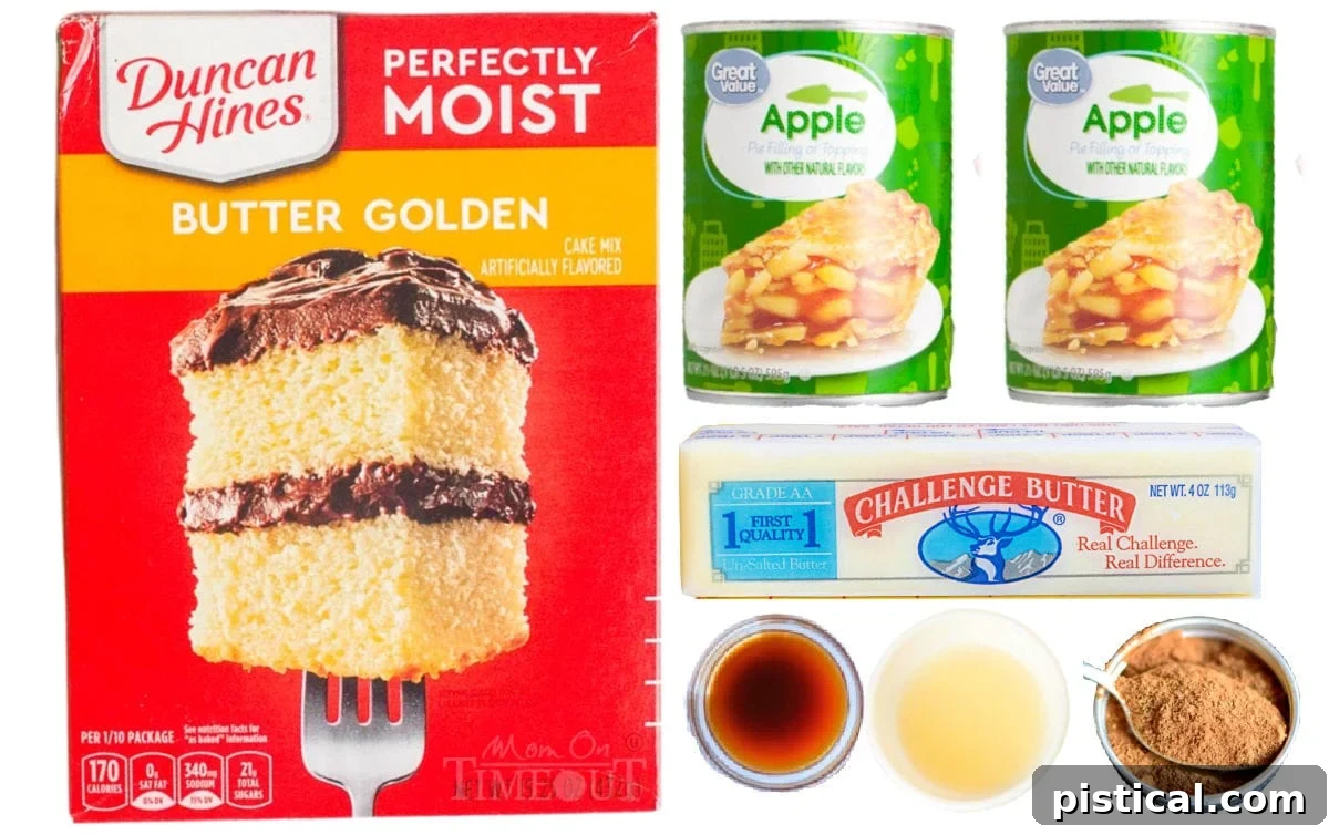 Golden Apple Cobbler Delight 5 ingredients needed for apple cobbler with cake mix.