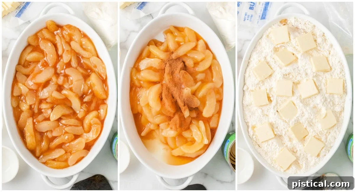 Golden Apple Cobbler Delight 6 three image collage showing how to make apple cobbler with cake mix.