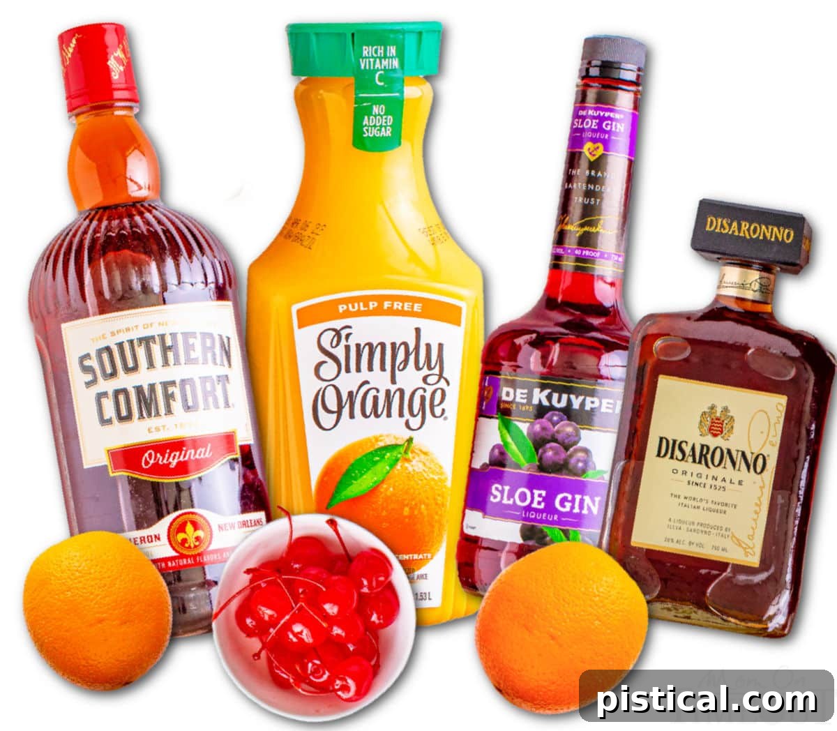 All the essential Alabama Slammer ingredients meticulously laid out and ready for mixing.