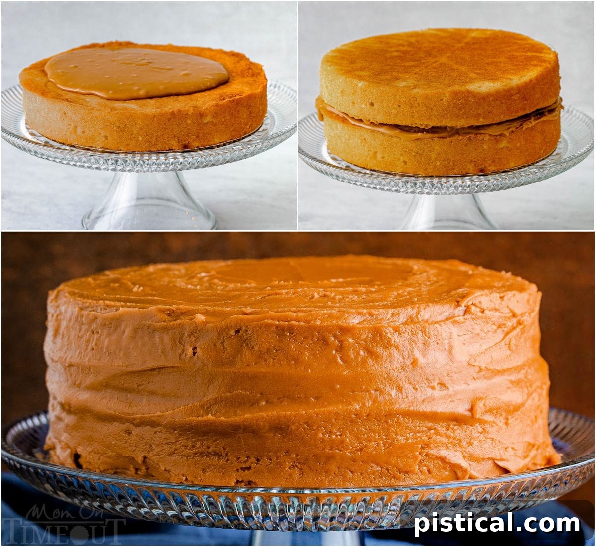 A three-image collage visually demonstrating the process of frosting a two-layer caramel cake, showing the steps from spreading the filling to covering the sides.