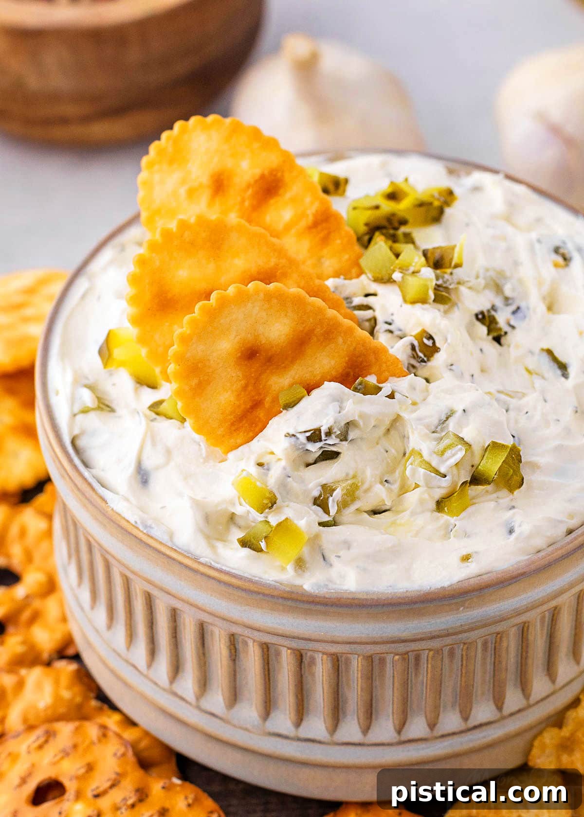 Dillicious Dip 2 A small clay bowl filled with creamy dill pickle dip. Three crackers are dipped into the smooth dip, and a sprinkle of chopped pickles garnishes the top.