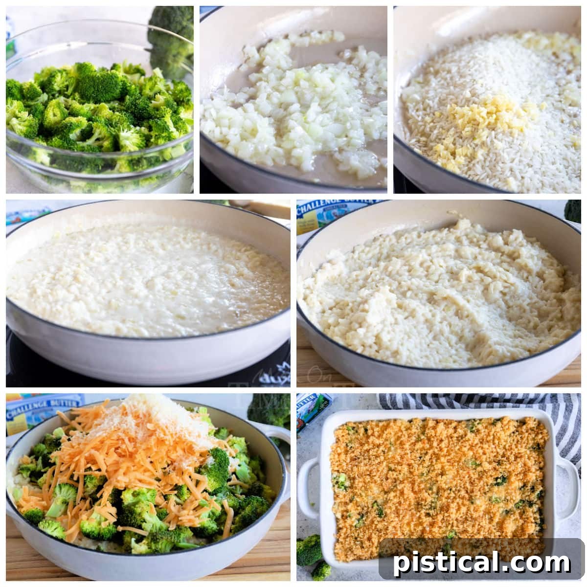 seven image collage showing how to make broccoli rice casserole.