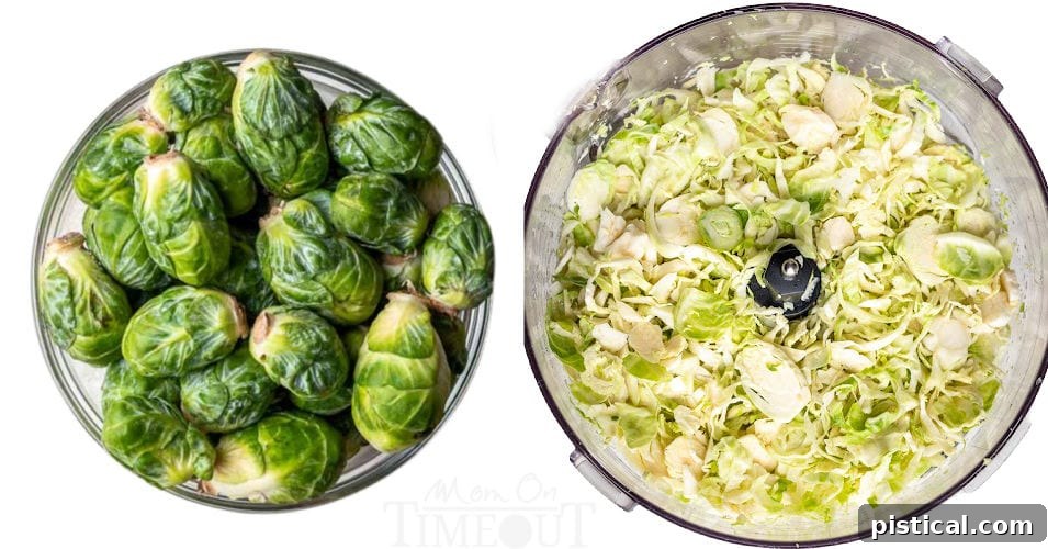 Crisp Autumn Apple Salad 6 two image collage showing brussels sprouts being shredded in a food processor.