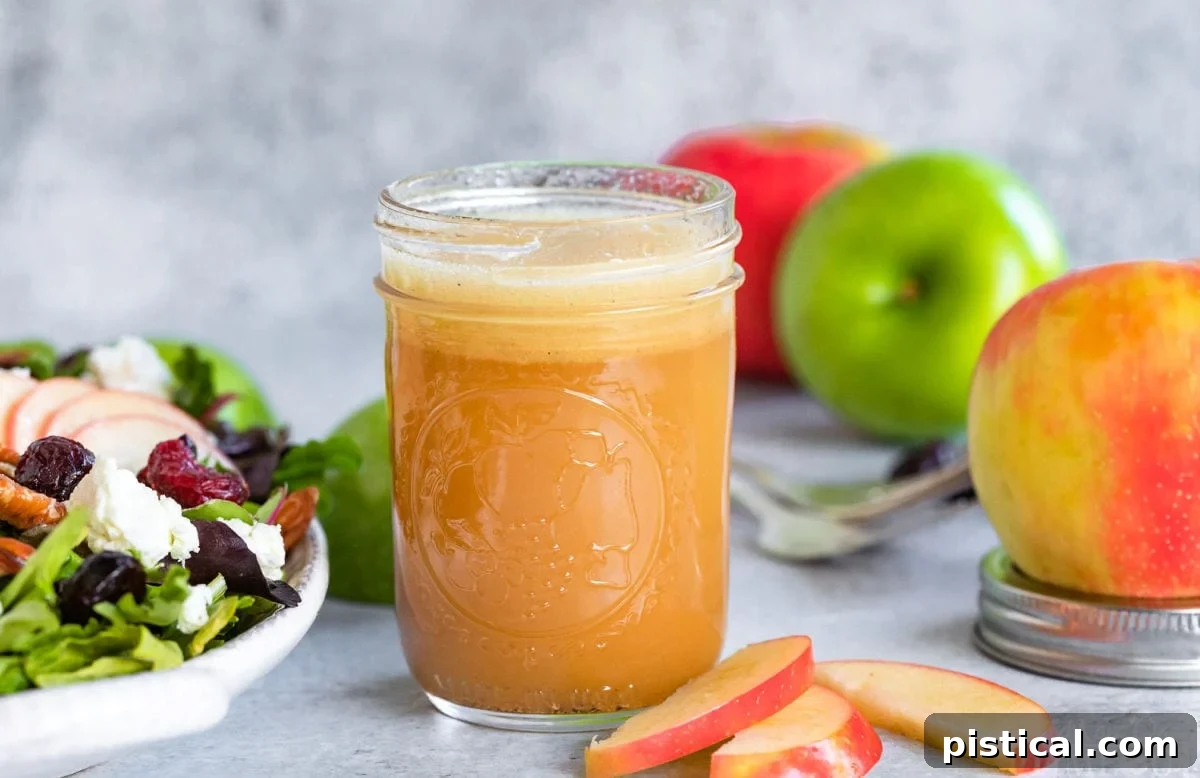 Crisp Autumn Apple Salad 7 apple vinaigrette in small mason jar sitting next to a salad with apples in background.