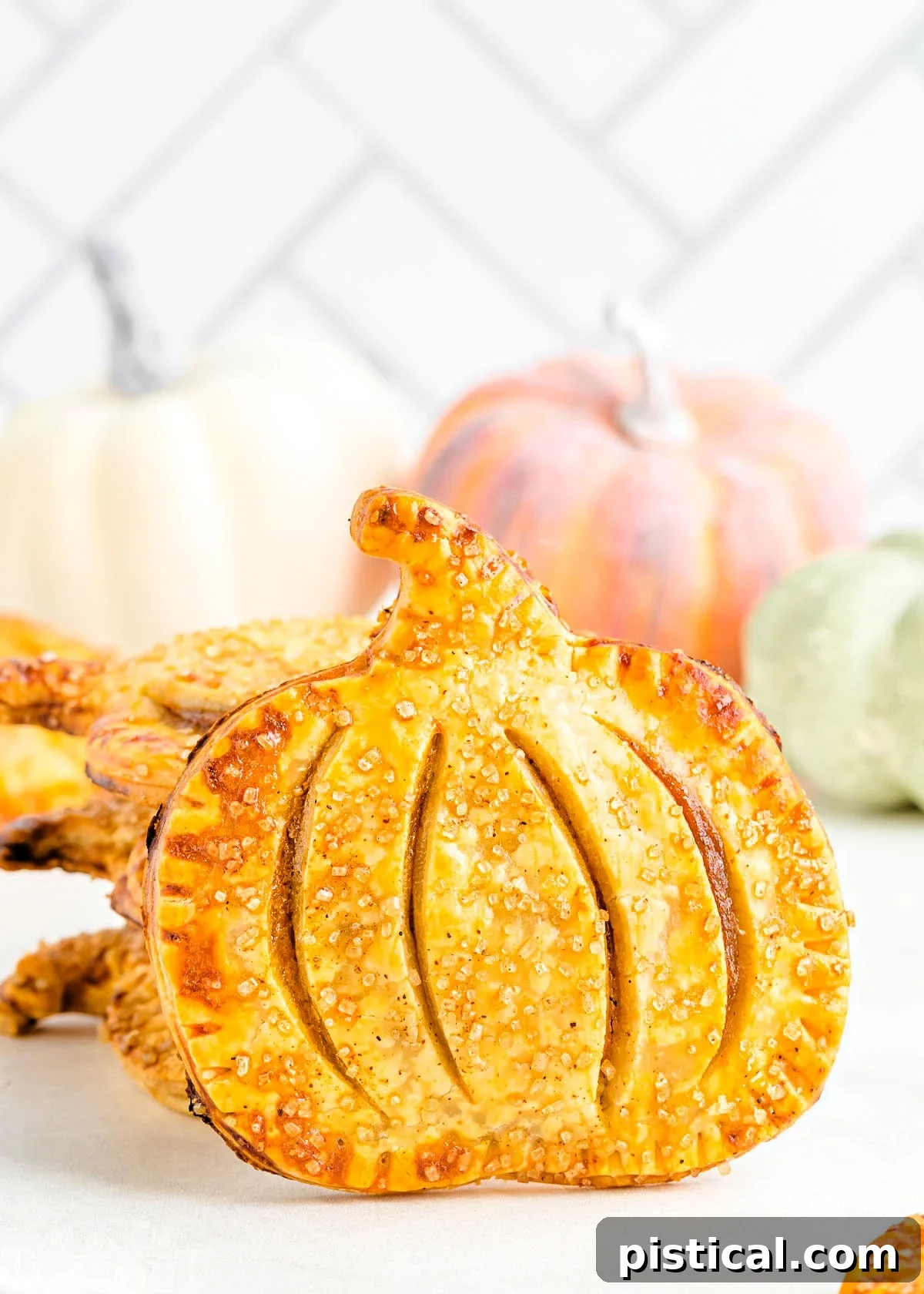 A single, perfectly baked pumpkin-shaped hand pie standing upright in front of a stack of more hand pies, with festive pumpkins blurred in the background, highlighting its golden crust and delightful form.