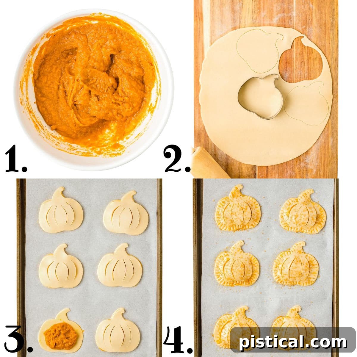 A four-image collage illustrating the step-by-step process of making pumpkin hand pies, from cutting dough to assembling and baking.