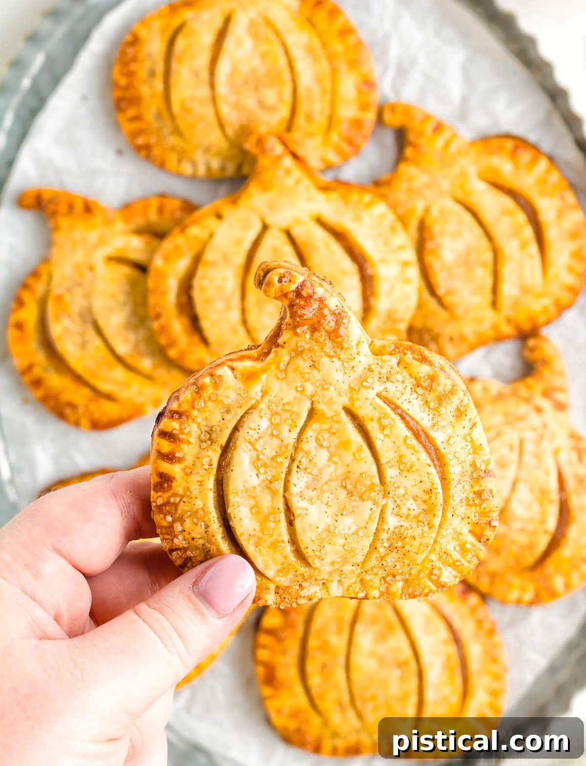 A hand gracefully holds up a golden, pumpkin-shaped hand pie over a tray filled with many more freshly baked pies, showcasing its perfect texture.