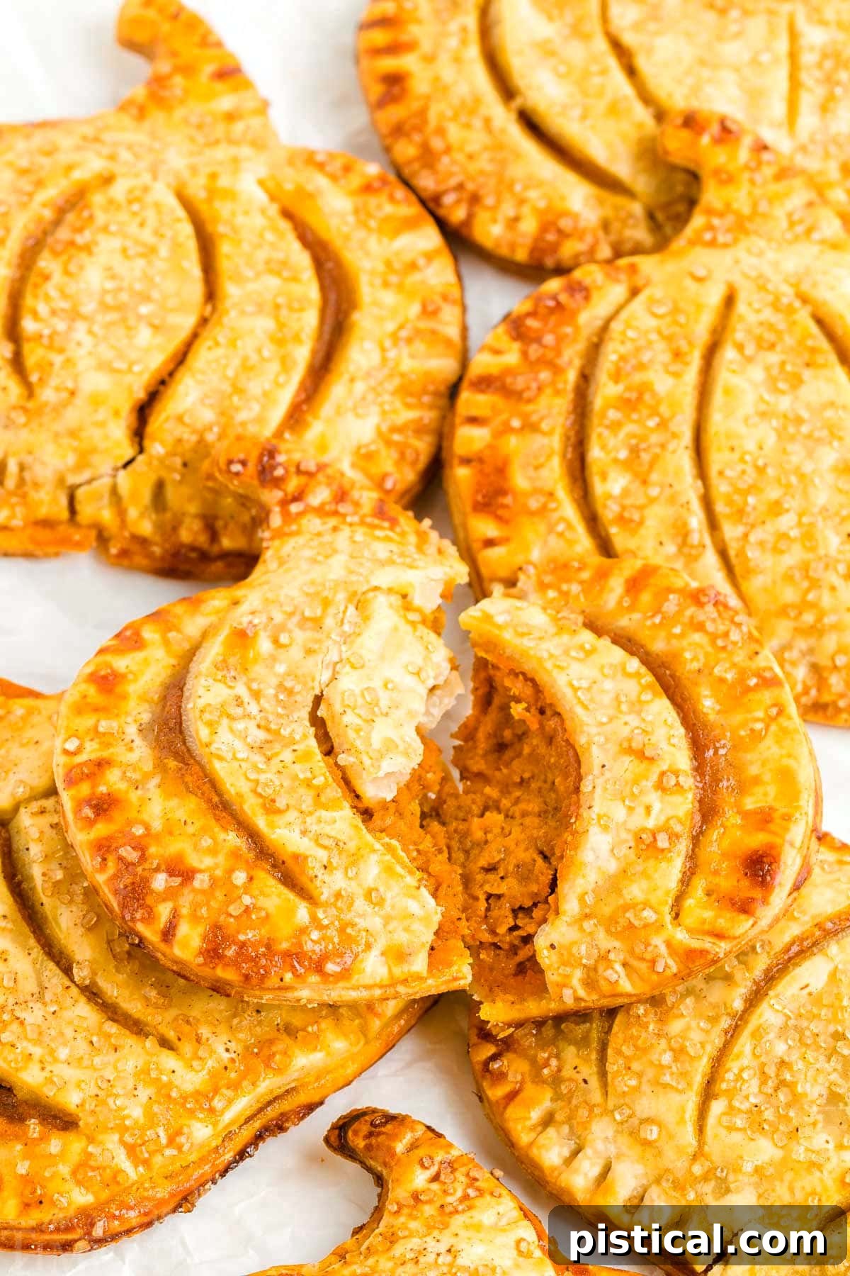 A perfectly baked pumpkin hand pie sliced in half, revealing its creamy, spiced pumpkin filling, resting on a plate with more whole hand pies.