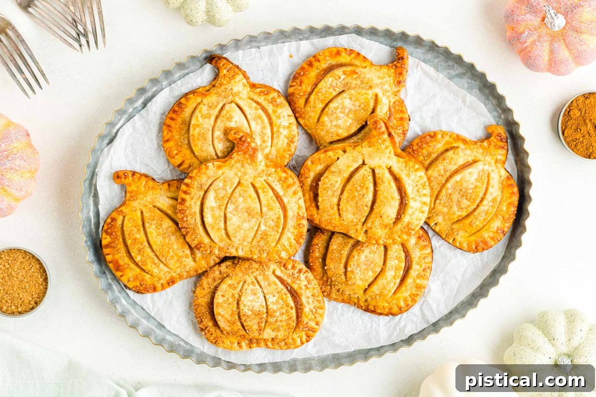 Another inviting top-down view of pumpkin hand pies beautifully arranged on a metal platter, showcasing their golden-brown perfection.