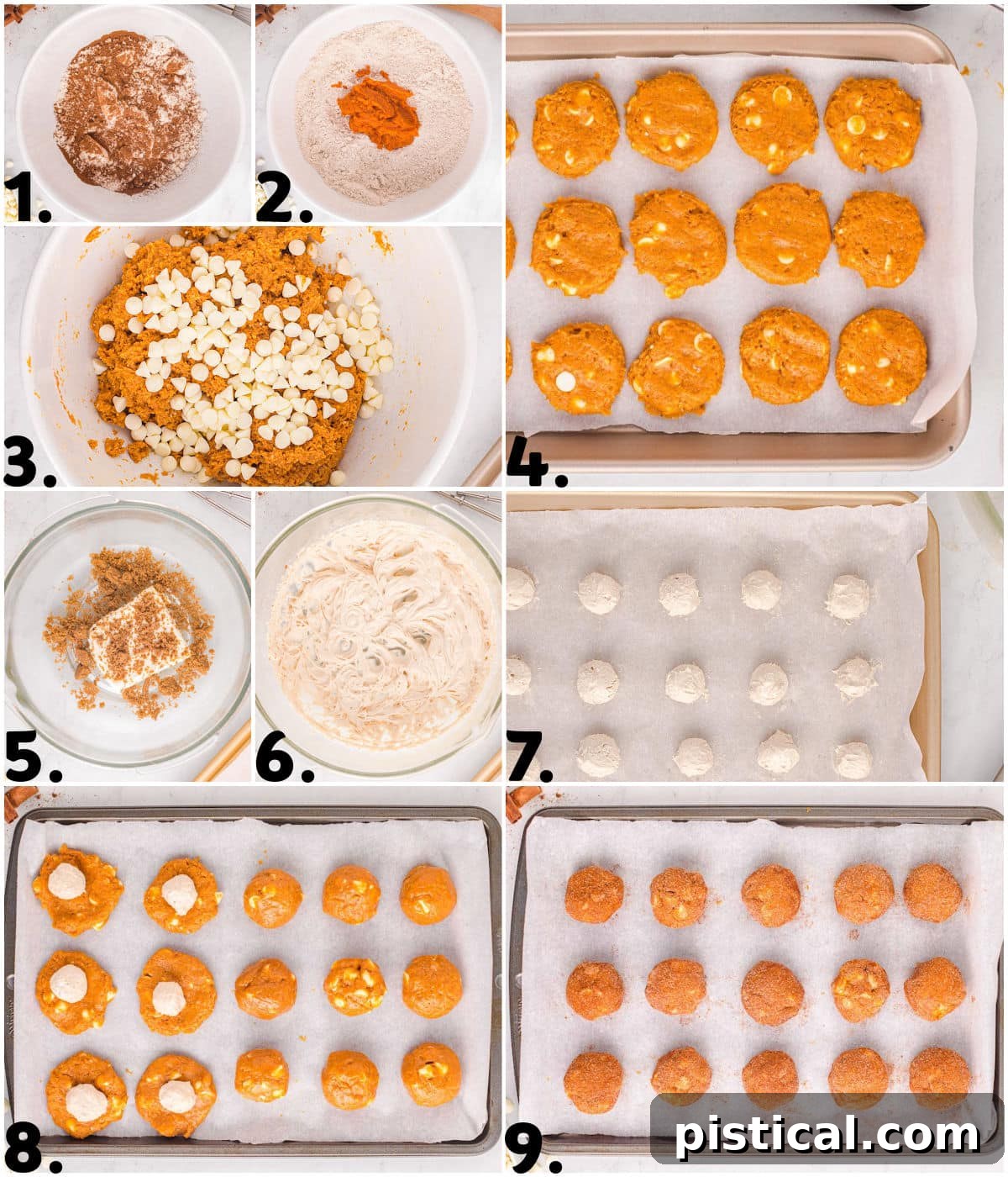 Nine image collage showing how to make the pumpkin cookies with cheesecake filling step by step.